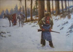 Plains Indians Hunting In Winter Landscape