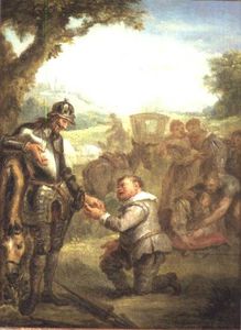 Don Quichotte Après le duel avec The Brave Biscayen, se penche sur son cheval Rossinante, Sancho Bien Panch
