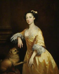 Portrait d une dame avec  une  carlin  chien
