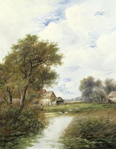 Pond With Ducks And Farmhouse Beyond