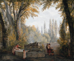 A Park Landscape With Women And Children Beside A Fountain