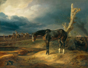 Cavallo ownerless sul campo di battaglia Moshaisk In