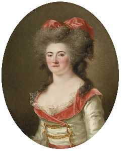 retrato de un dama , media longitud , vistiendo un vestido rosa