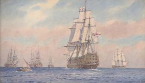 Nelson Dans HMS Victory à rejoindre sa flotte Off Cadix avant la bataille de Trafalgar