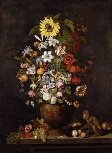 A Vase Of Flowers With A Monkey