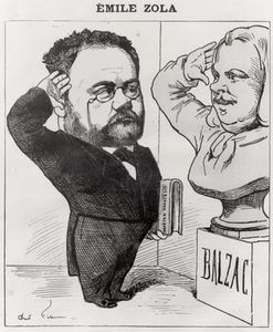 Caricatura de Emile Zola que saluda un busto de Honore