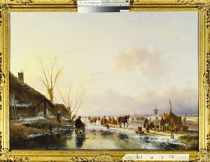 Skaters By A Booth On A Frozen River,