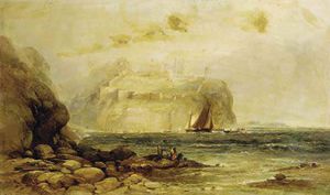 A Coastal View With Figures On The Rocks