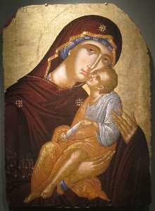 icona della madre di dio e infantile Cristo , Tempera e oro su pannello di legno con angelos akotantos