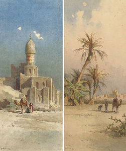 Y Un árabe Camel Y antes de una mezquita
