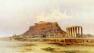 背景にはアクロポリスとオリンピアゼウス神殿