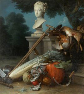 Jardín bodegón con Implementos , Verduras , muerto juego y una busto de Ceres