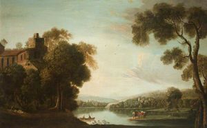 Une scène de la rivière avec un Mansion Parmi les arbres