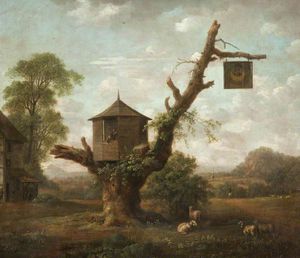 Paysage avec une cabane dans un arbre chêne et le homme dans la lune Inn