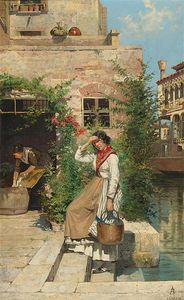 Venezianische Wäscherin Am Kanal