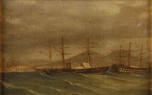 桨护卫舰在一个粗糙海关那不勒斯