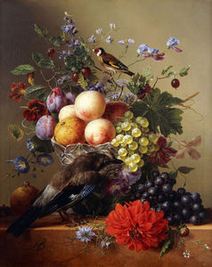 Peaches, Grapes, Plums And Flowers