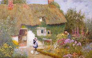 Girl And Kitten Before Cottage