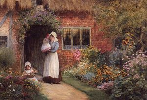 Mother And Children Outside A Cottage