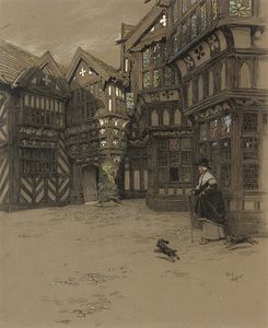 Un Criada y ella Perros esperando afuera de moreton old hall , Cheshire