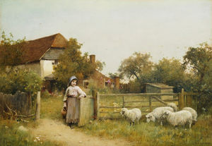 Young Girl With Sheep, By A Cottage