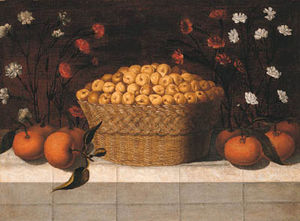 A Basket Of Apricots With Oranges On A Ledge Covered With A Cloth, Pinks Growing Behind
