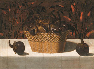 A Basket Of Aubergines With Two Aubergines On A Ledge Covered With A Cloth, Chilli Peppers Growing Behind