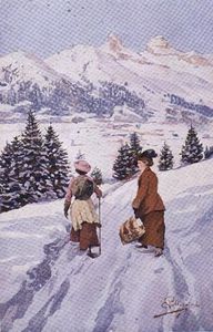 Two Women Walking In The Snow Near Tour