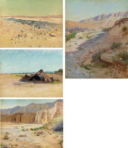 A Pair Of Travellers Bellow Cliffs In The Desert