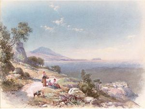 Figures With A Donkey Resting By The Steps Overlooking The Bay