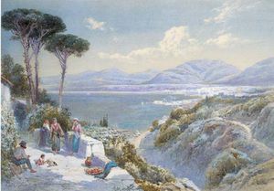Italian Peasants Resting On A Stone Terrace Path Overlooking A Bay