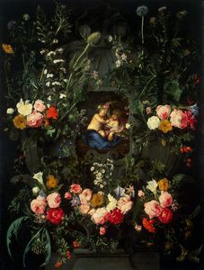 Garland Of Flowers Around A Cartouche With Jesus And St. John The Baptist As Children