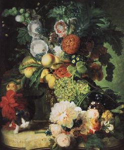 Still Life With Flowers And Cat