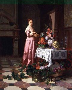 signora con Frutta  e le  fiori  su  Un  tavolo