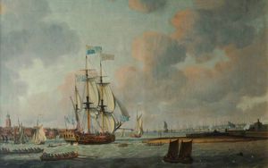 Buque de guerra británico Dejando el puerto de Portsmouth