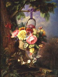 Basket Of Roses With Fuschia
