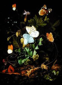 Still Life Of A Forest Floor With Flowers, A Mouse And Butterflies