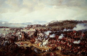Les cuirassiers charge Highlanders à la bataille de Waterloo