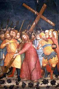 Cristo llevando su Cruzar en el forma al calvario