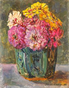 Stillife With Zinnias In A Ginger Pot