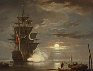 A Ship Firing A Gun By Moonlight