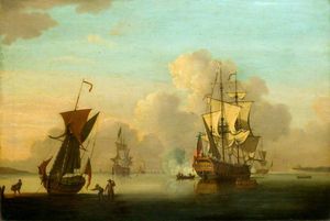 Sea Piece - English Fregatten vor Anker in einer ruhigen, Salutieren