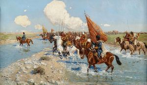 Circassienne cavaliers traversant une rivière