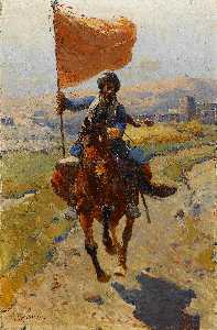 Kirghiz Cavalier avec un drapeau rouge