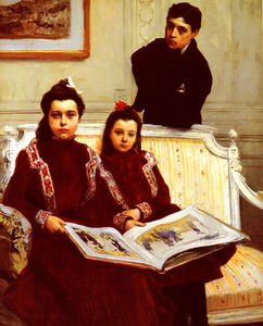 Mily Porträt eines Jungen und seine beiden Schwestern bewundern einen Sketch Book