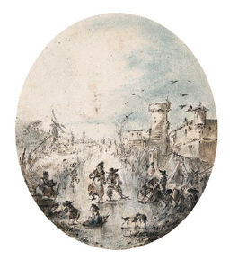 A Frozen Canal With Figures Skating By A Town, Windmills Beyond