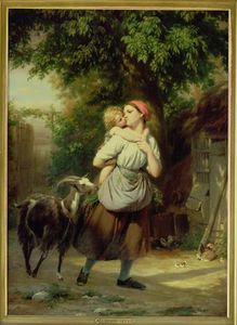一个 母亲  和  孩子  与  一个  山羊