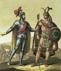 Conquistador mit einem Ureinwohner-Leiter