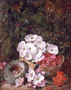 Still Life Of Apple Blossom And Violets With Primulas In Wicker Basket