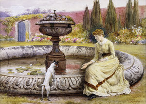 A Lady e un cane accanto una piscina ornamentale